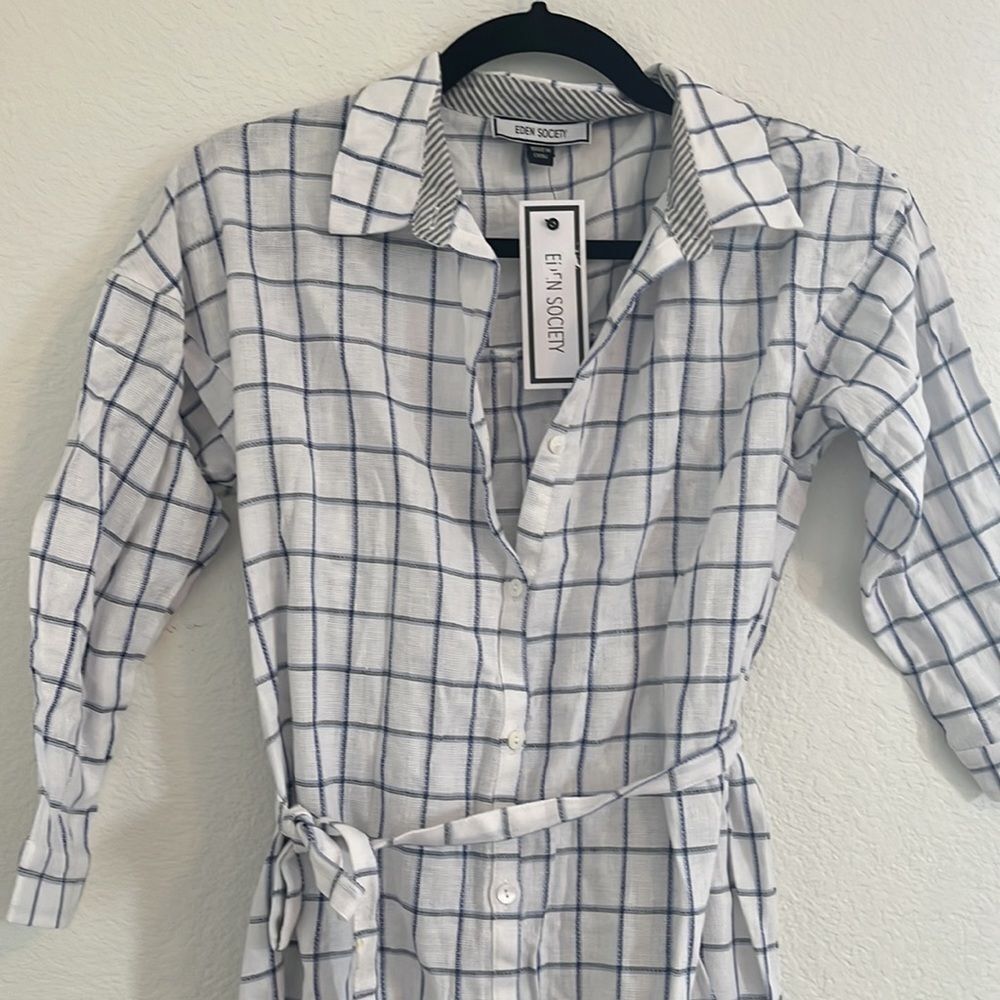 NWT Eden Society Blue White Black Plaid Tie Waist Shirt Dress Button Front Small - Picture 2 of 6